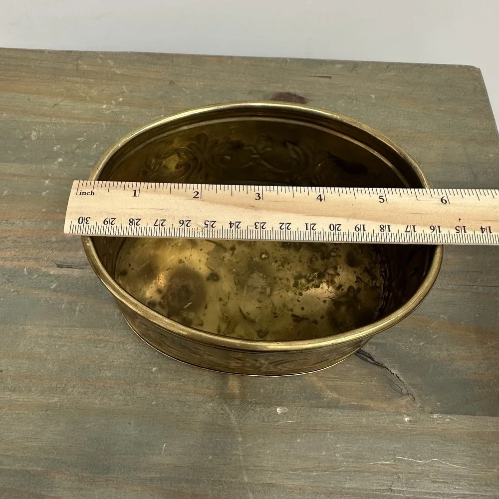 Vintage Brass Oval Planter Embossed Stamped Decorative Pot Ornate India